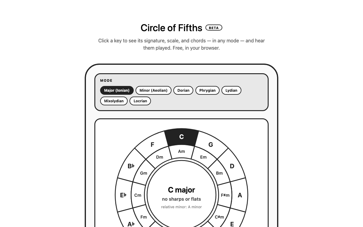 Preview of Musicpham's interactive circle of fifths